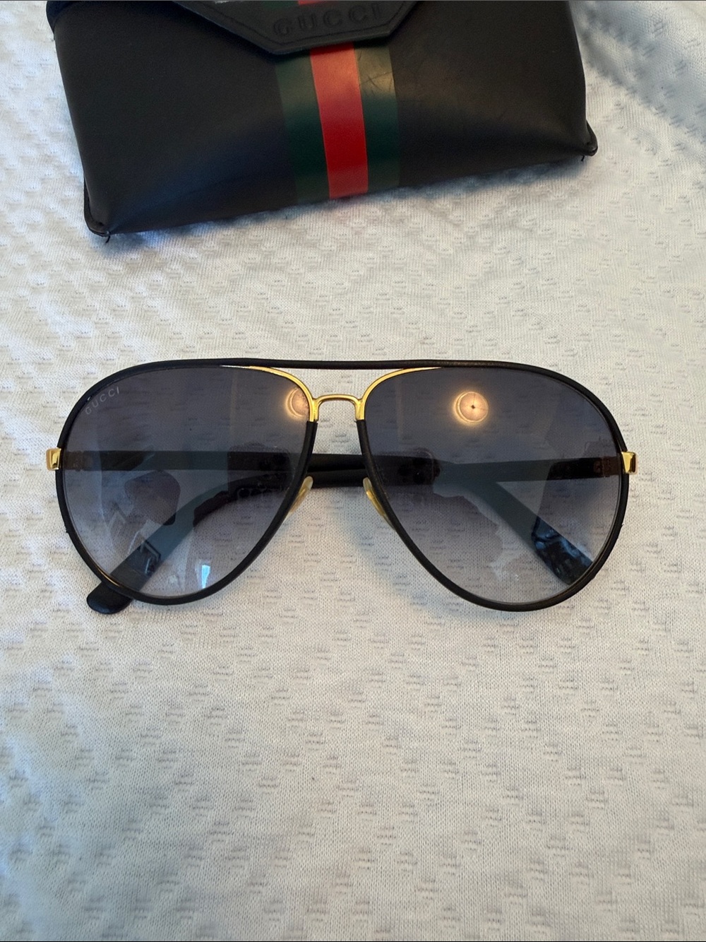 Gucci Black Leather Eyewear Case with Red and Green Web Stripe